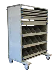 Bin Wildcat unit with slanted bin shelves on casters