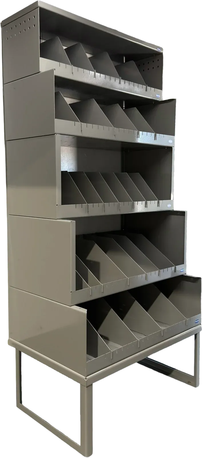 Lion Series stack of five bin shelves on a leg base