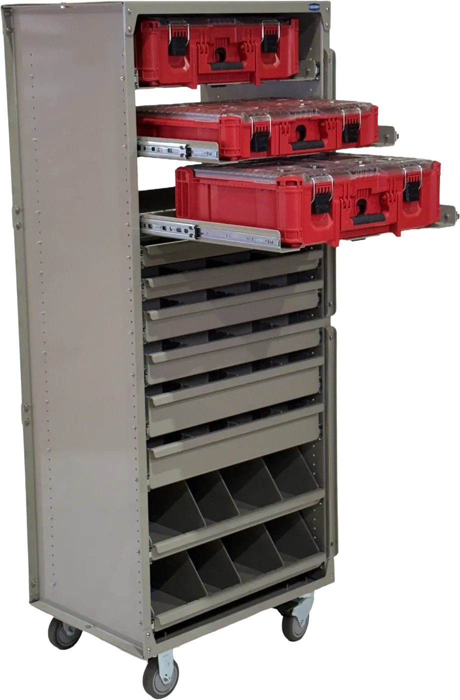 5 foot Tiger Series station with Milwaukee Packout kits on extended drawers